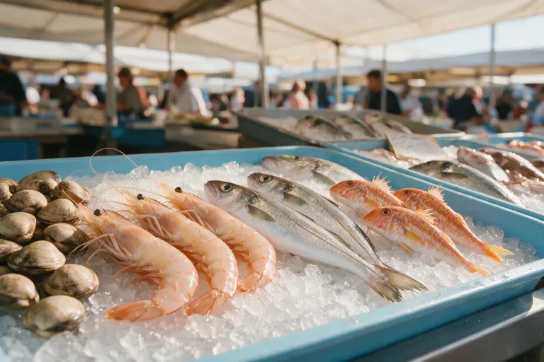 Prawns, clams and whole fish on crushed ice at a market seafood counter