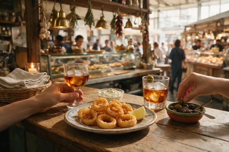 Fried calamari, olives and a glass of vermouth on a small market bar counter