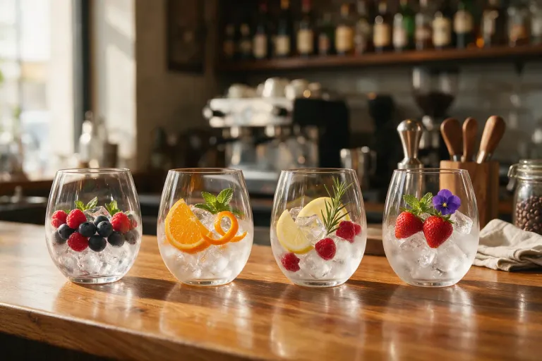 Four glasses with ice and different fruit garnishes lined up on a bar counter