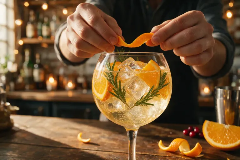 A bartender's hands placing a strip of orange peel into a gin and tonic in a balloon glass