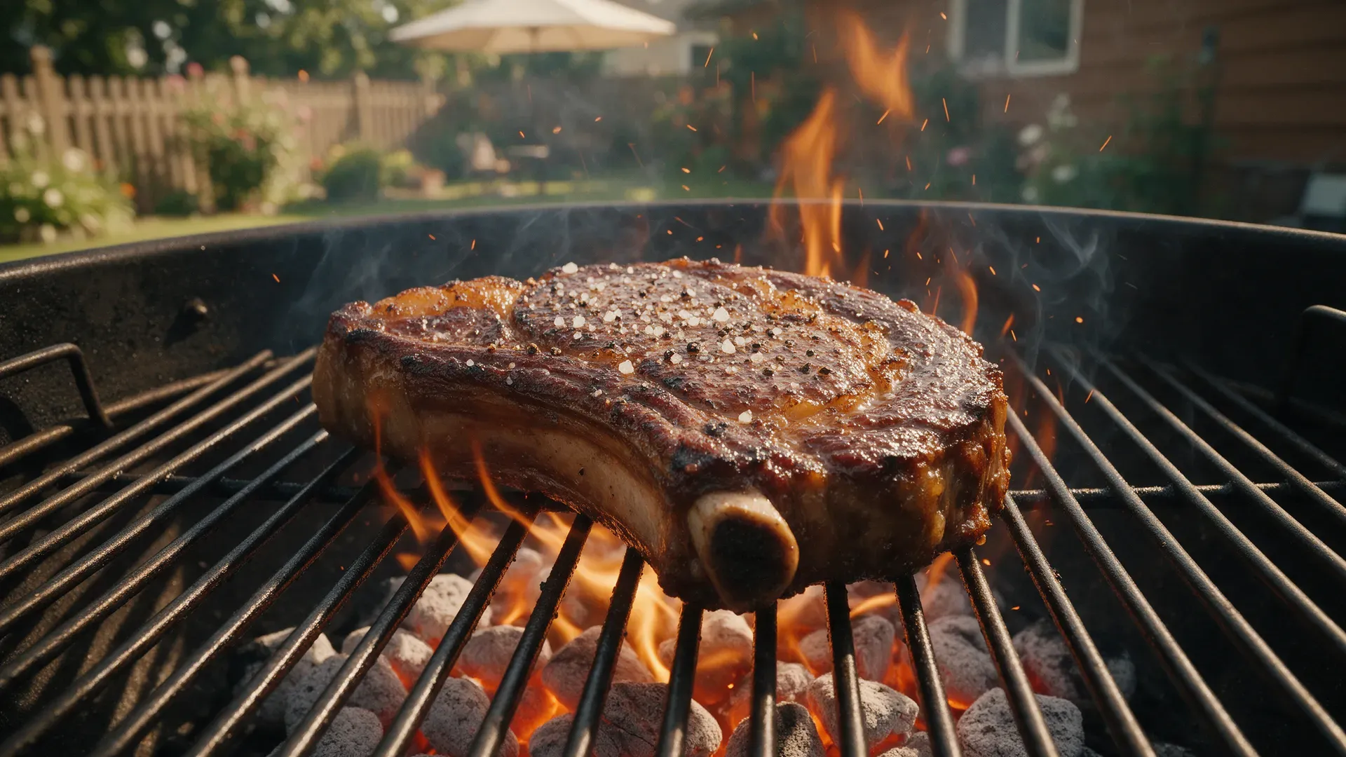 Illustration: a thick bone-in rib steak searing over glowing charcoal