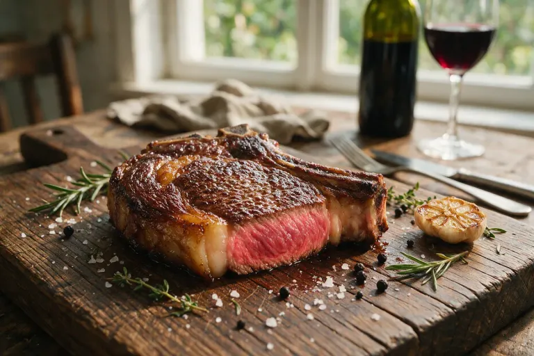 Illustration: a sliced rib steak, rare in the centre, on a wooden board with coarse salt