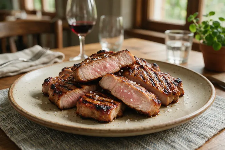 Illustration: slices of grilled pork, pink in the middle, on a plate with flaky salt