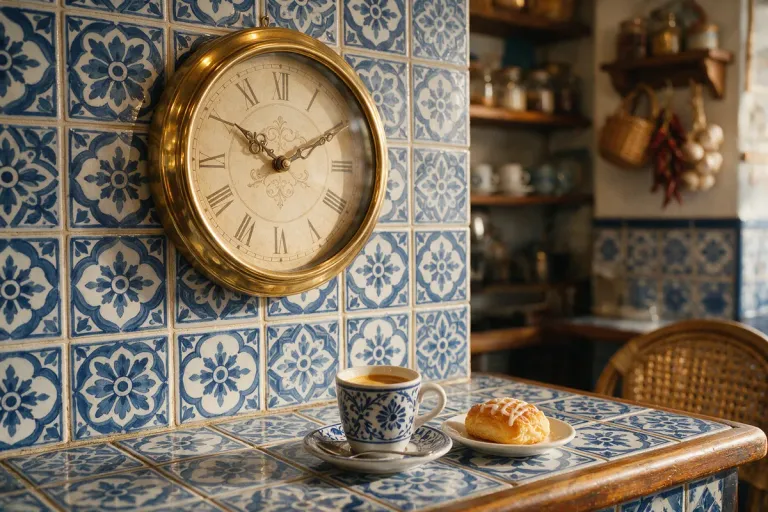 A café clock above coffee and a pastry