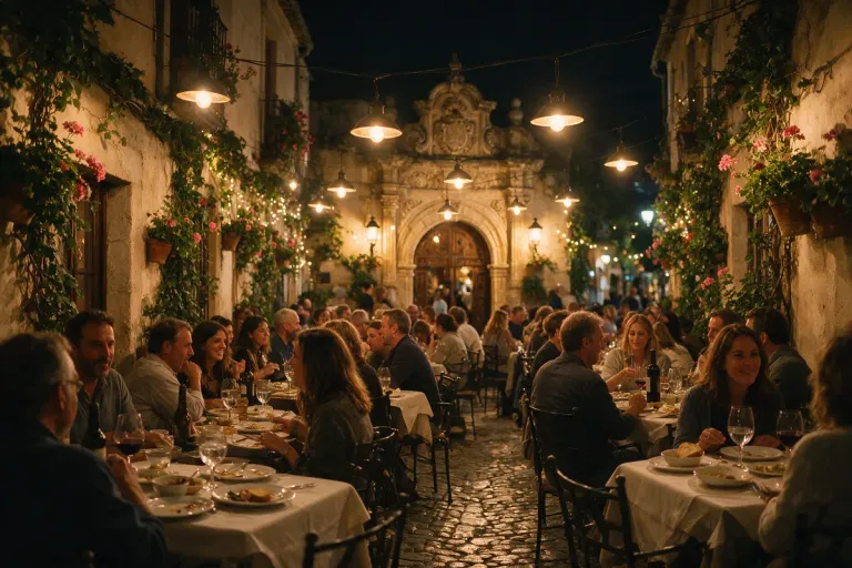 A terrace full of late diners