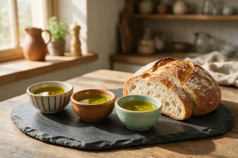Three small dishes of olive oil in slightly different shades of green and gold on a slate board with bread