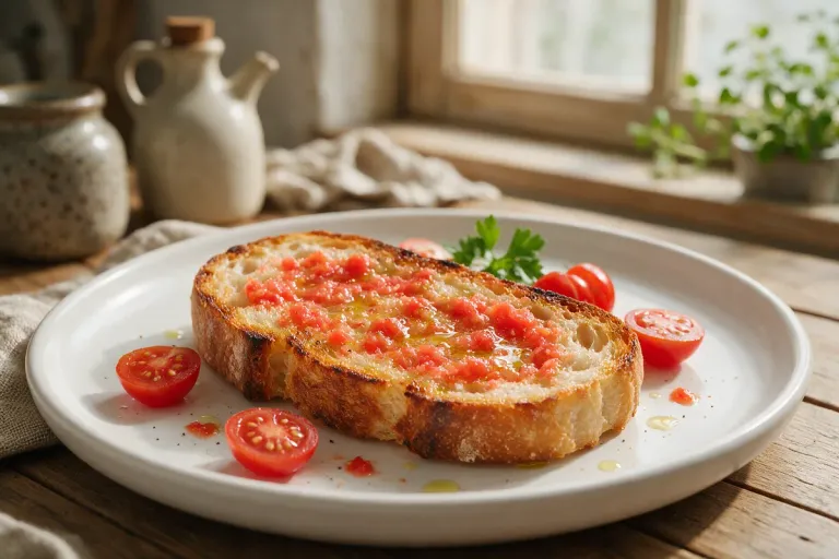 A slice of toasted bread rubbed with tomato and drizzled with olive oil on a white plate