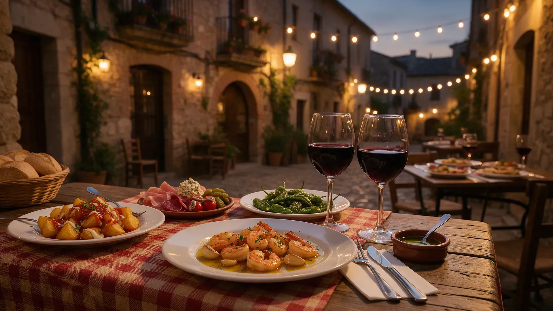 Spanish tapas plates and glasses of red wine on an outdoor table in a city laneway at dusk