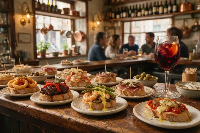 A wooden bar counter lined with small plates of pintxos on bread and a glass of vermouth