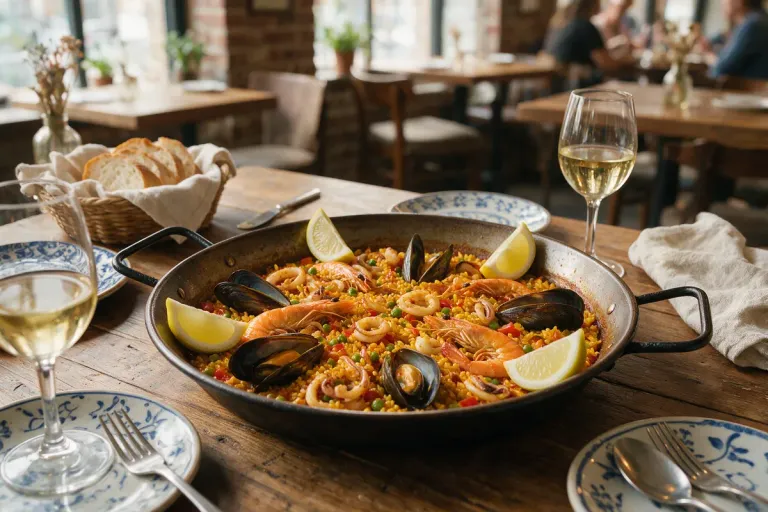 A pan of seafood paella on a restaurant table with lemon wedges and shared plates around it