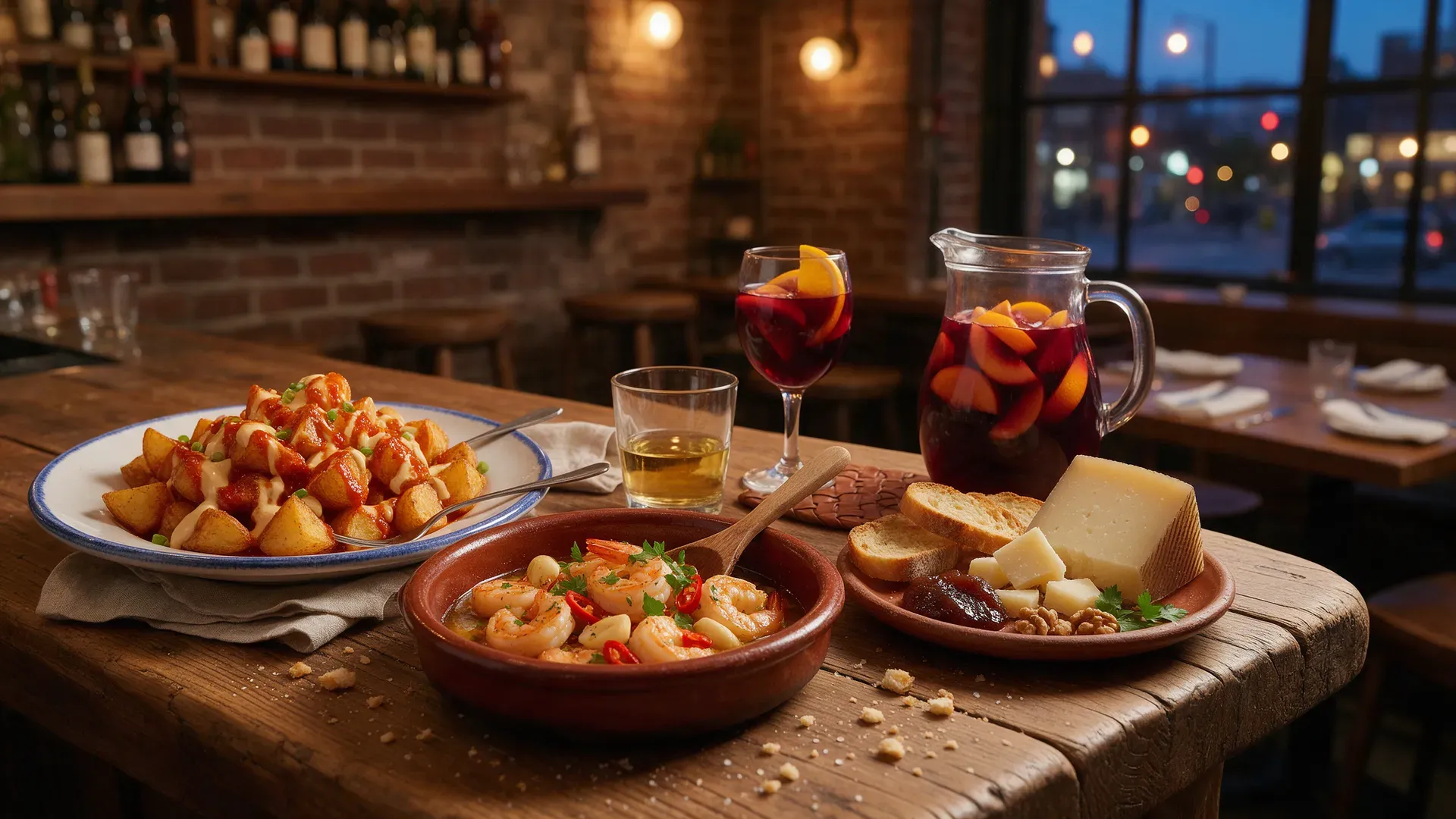 Patatas bravas, garlic shrimp in a clay dish, manchego and a pitcher of sangria on a wooden bar counter at dusk