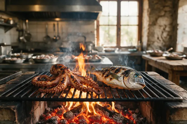 Octopus and whole fish cooking on a wood-fired grill with open flames