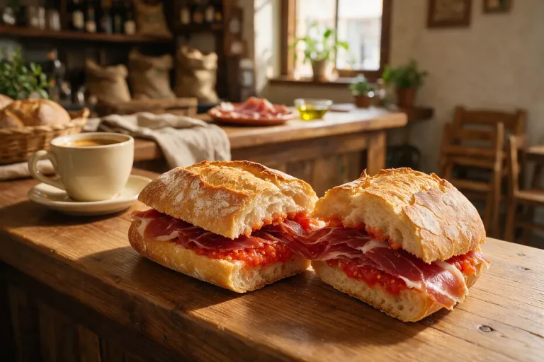 A crusty bread sandwich filled with cured ham and tomato beside a cup of coffee on a café counter