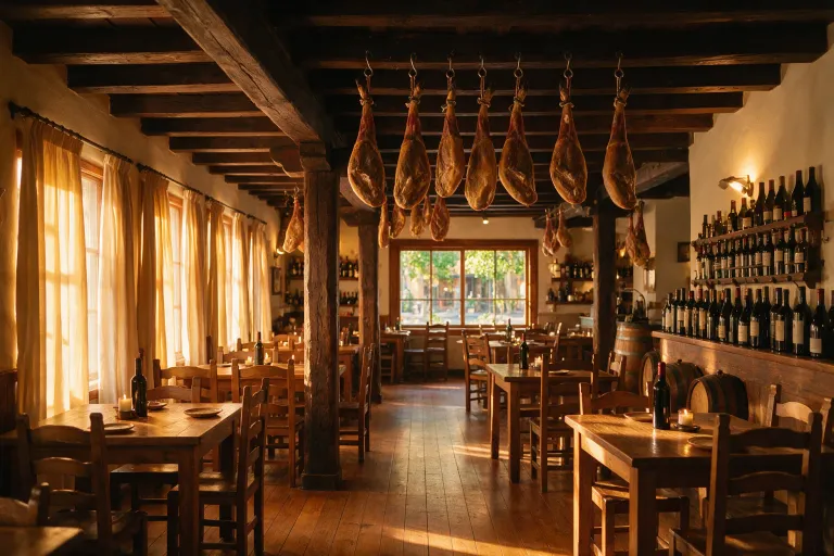 A traditional Spanish restaurant dining room with hanging jamón and wine bottles on display