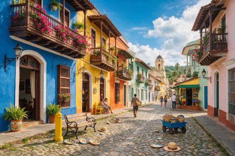 A colourful colonial street in Cartagena's old town with balconies and bougainvillea