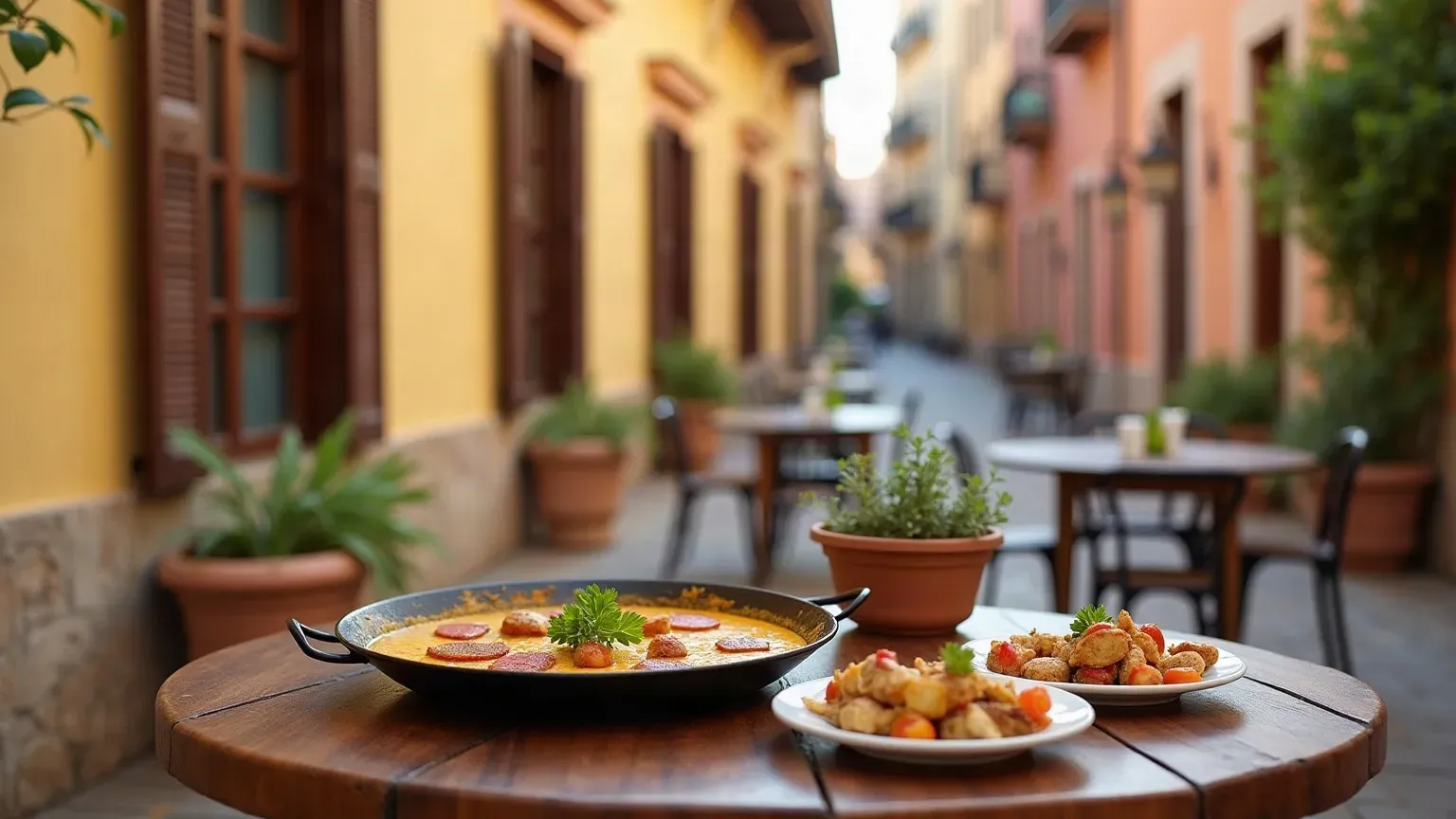 A paella pan and tapas on a terrace table with colonial-style balconies behind