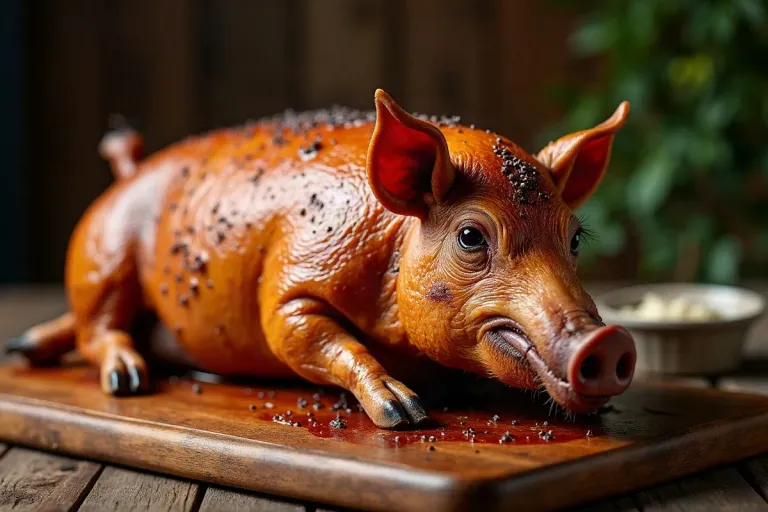A whole roast suckling pig on a wooden board with crackled skin