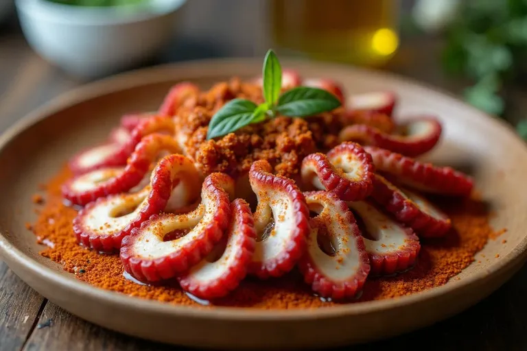 Galician-style octopus with paprika and olive oil on a wooden plate