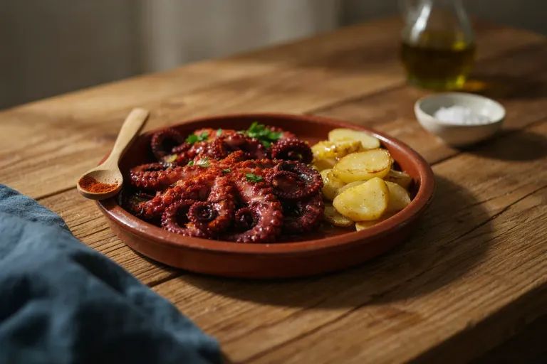 A clay dish of Galician-style octopus with paprika and olive oil next to sliced potatoes