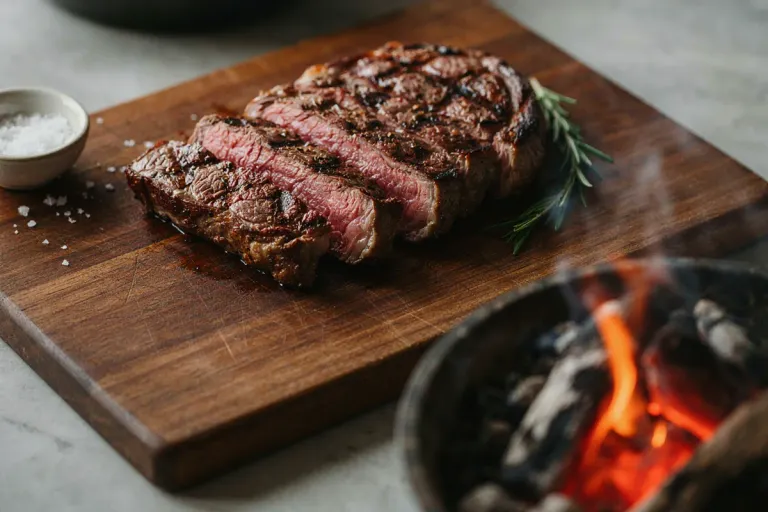 A thick grilled steak sliced on a wooden board beside charcoal embers
