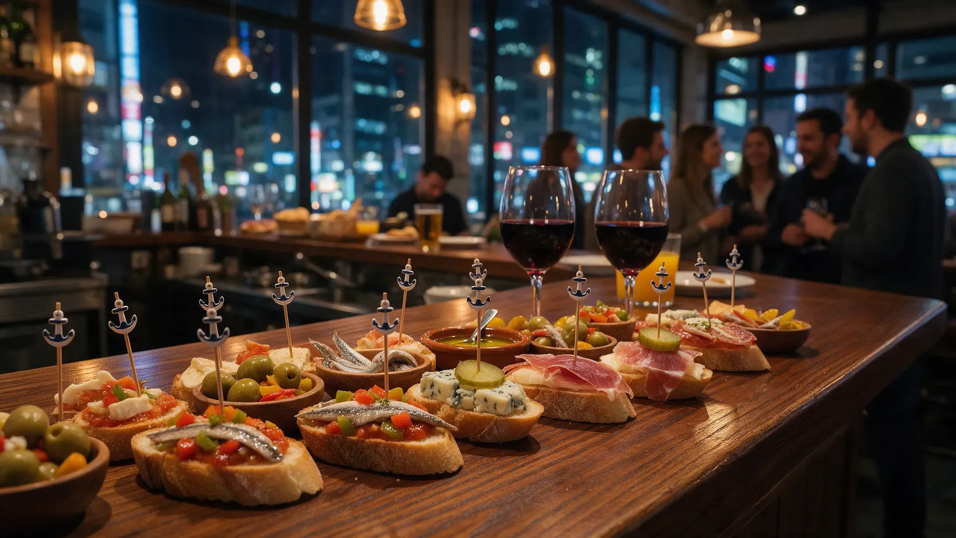 Pintxos and tapas on a narrow bar counter at night with city lights reflected in the window