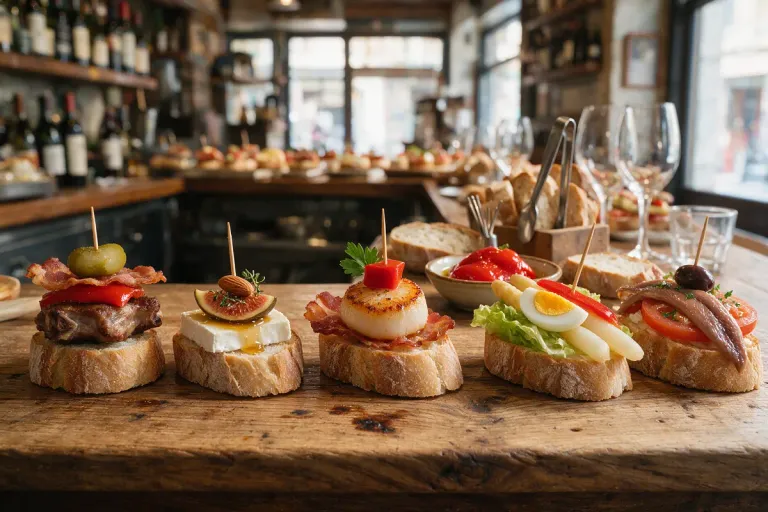 Pintxos on slices of bread held with toothpicks, lined up on a bar