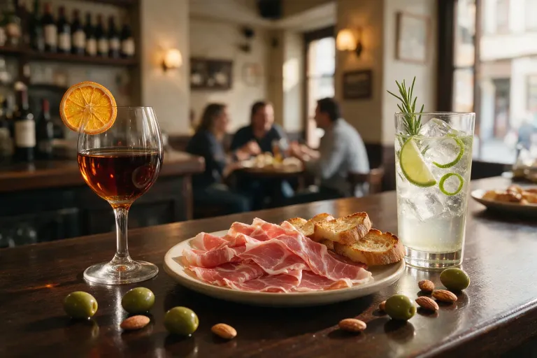 Glasses of sherry and a gin and tonic next to a plate of sliced Iberico ham on a dark bar counter