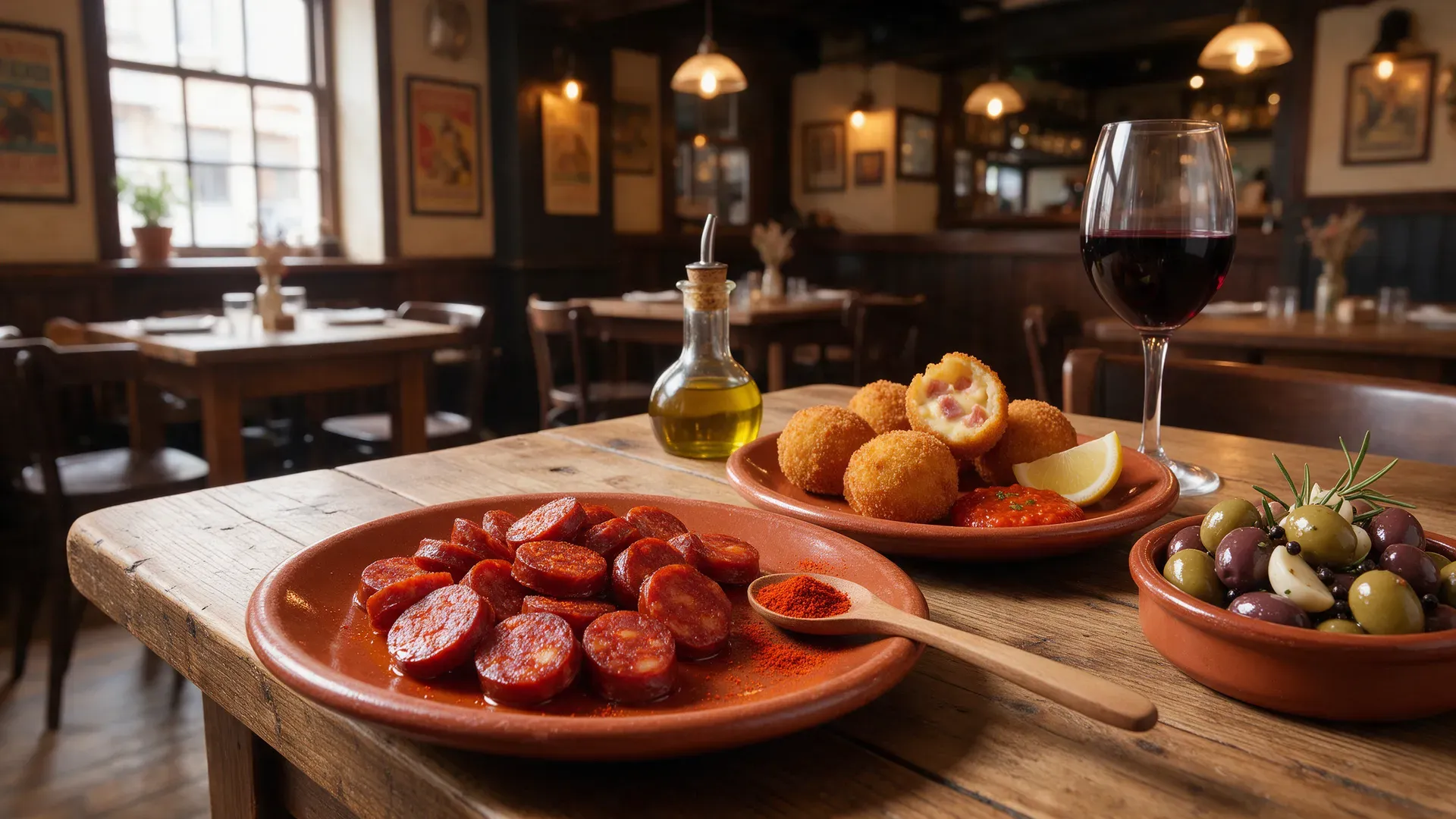 Plates of chorizo, croquetas and olives with glasses of red wine on a wooden table in a warmly lit dining room