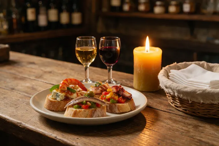 Small glasses of white and red wine next to a plate of pintxos on bread, lit by a candle