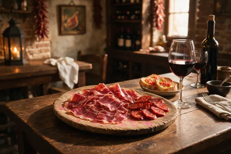 Board of sliced cured ham and chorizo with bread and a glass of red wine on a dark wooden table