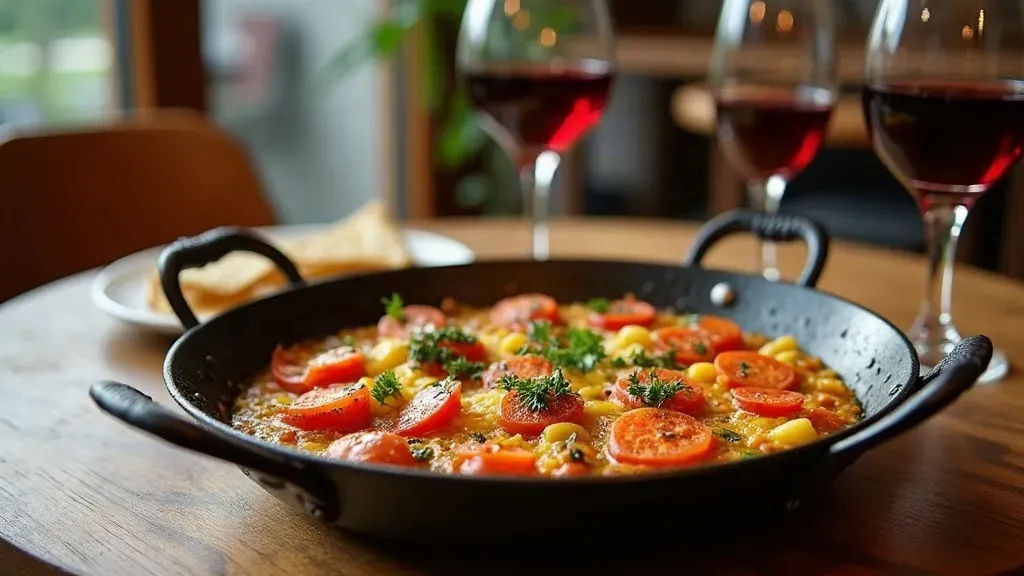 Spanish tapas and a paella pan on a table with glasses of red wine