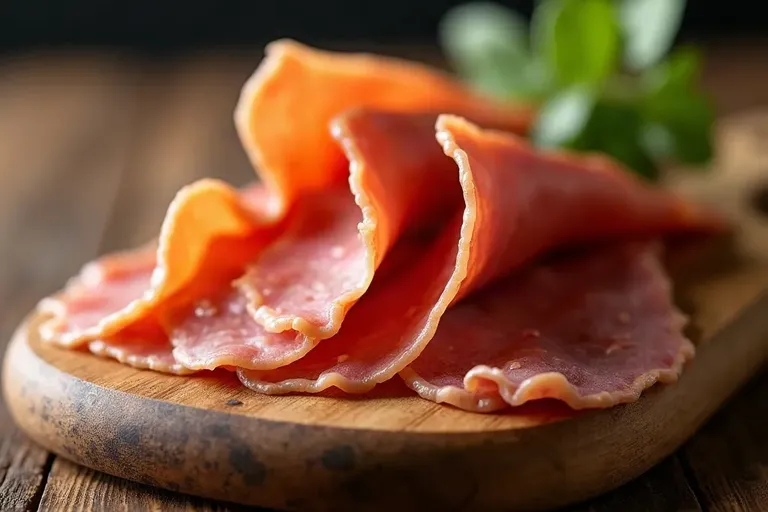 Thin slices of cured Spanish ham on a wooden board