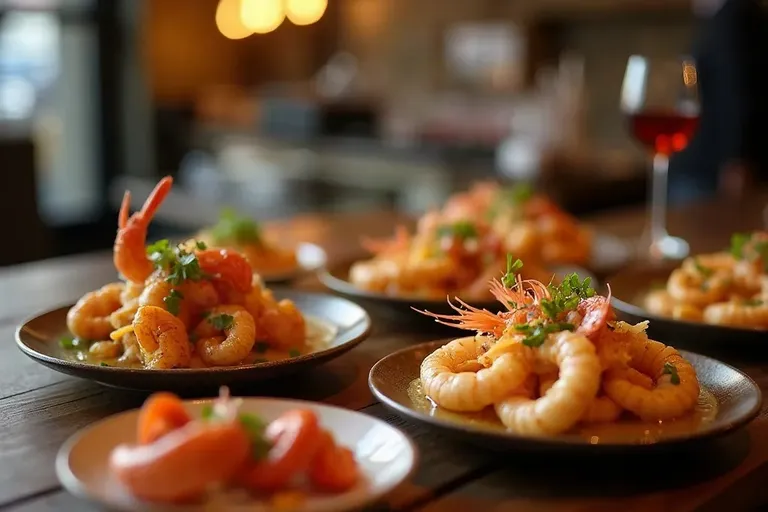 Small Spanish seafood tapas plates on a bar counter