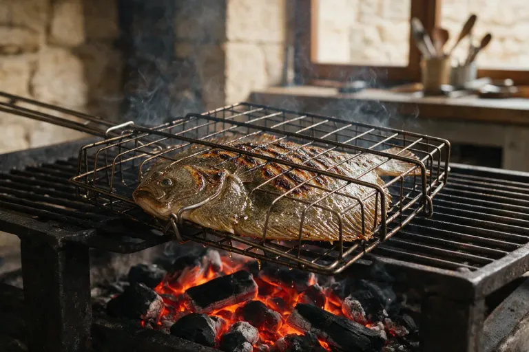 A whole fish grilling over charcoal
