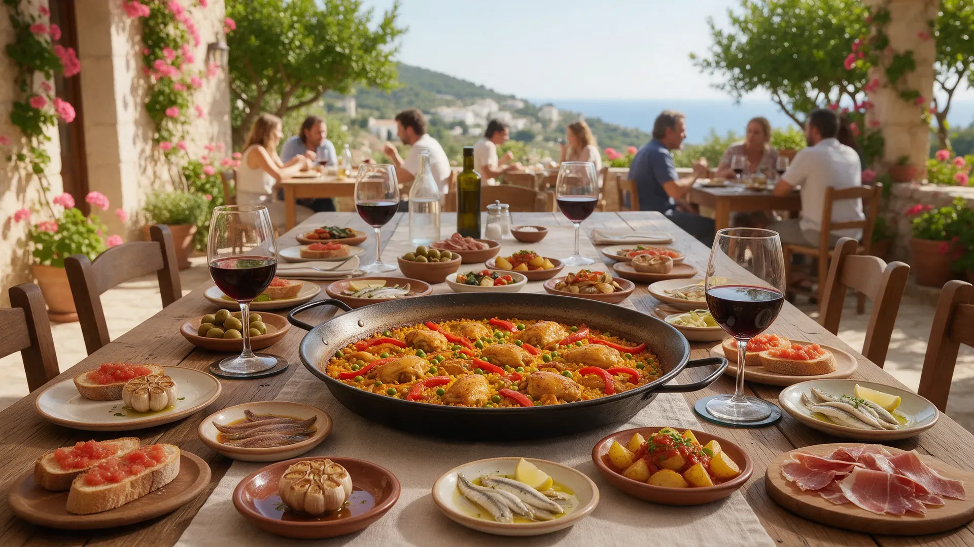 A long table of Spanish tapas, a paella pan and glasses of red wine on a sunny terrace
