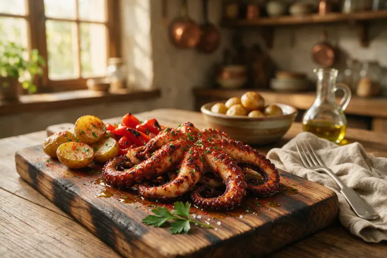 Grilled octopus with paprika and olive oil on a wooden board