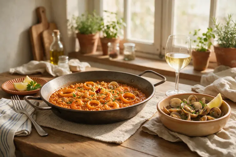 A shallow pan of brothy seafood rice next to a bowl of clams