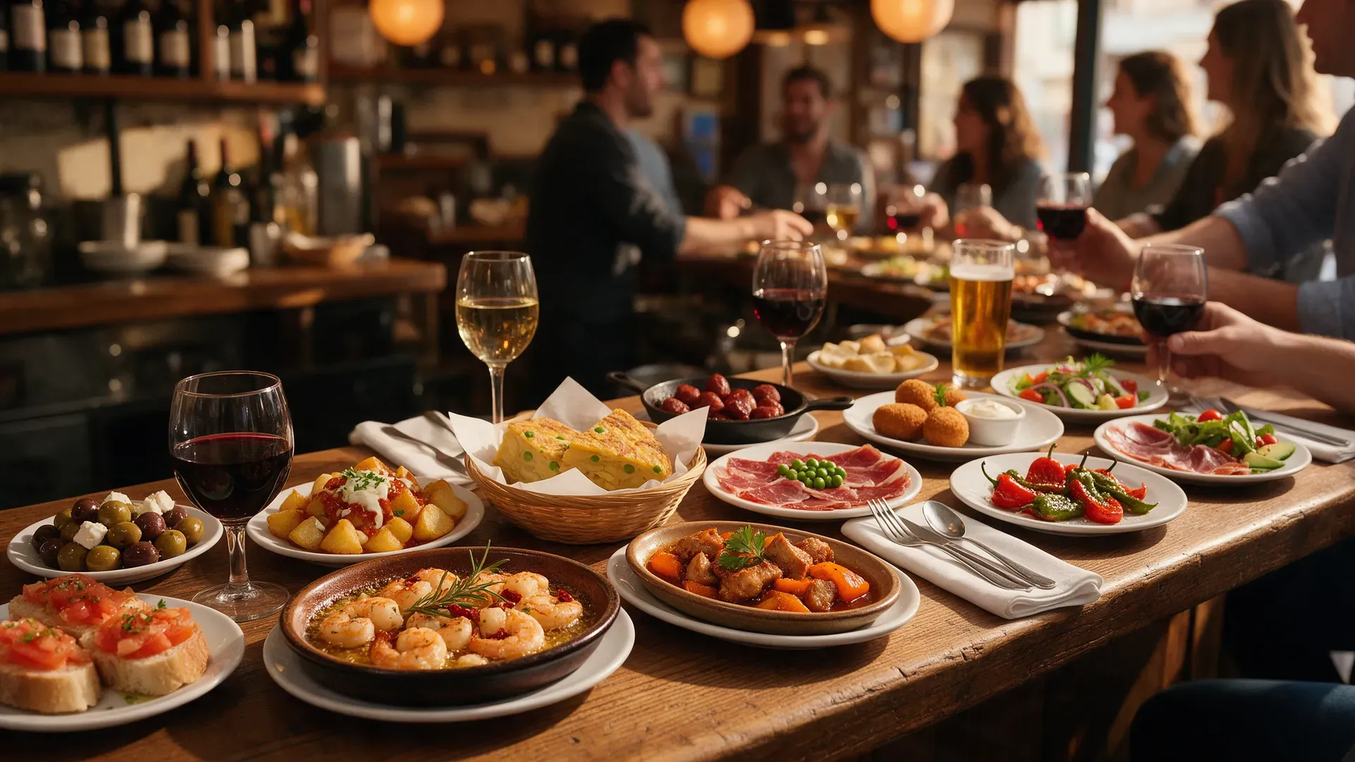 A busy tapas bar counter with small plates and glasses of wine in the evening