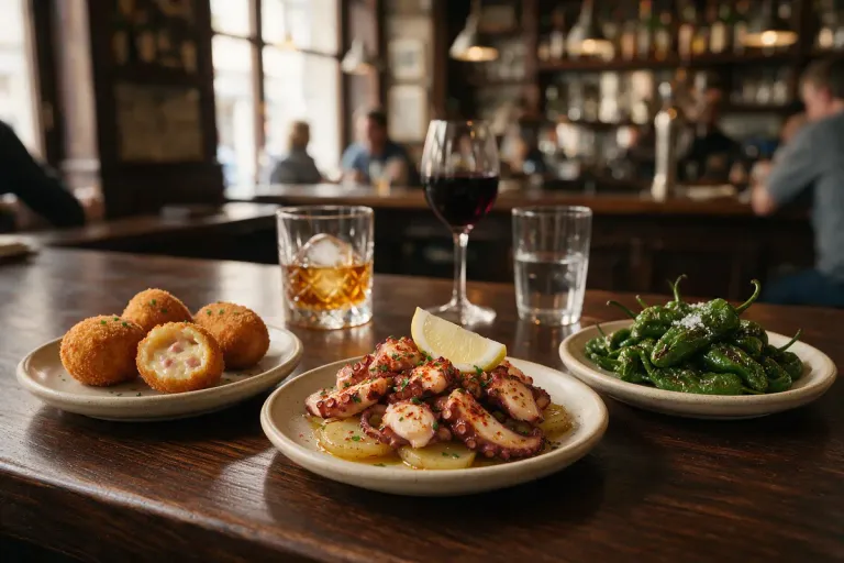 Small plates of croquettes, octopus and grilled peppers on a dark wooden bar