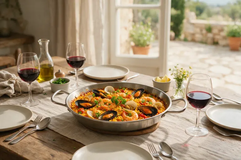 A pan of seafood paella on a table with plates and glasses ready for sharing