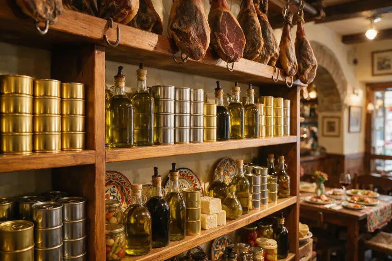 A shelf of Spanish tins, oil and hams