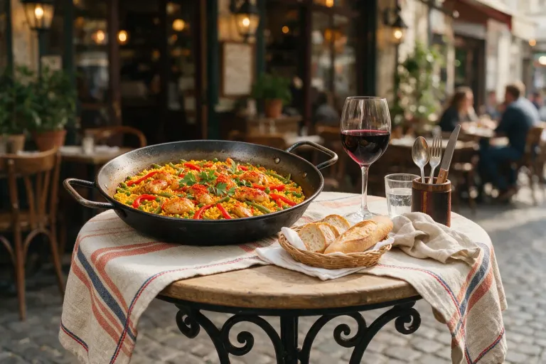 Paella and red wine on a bistro table