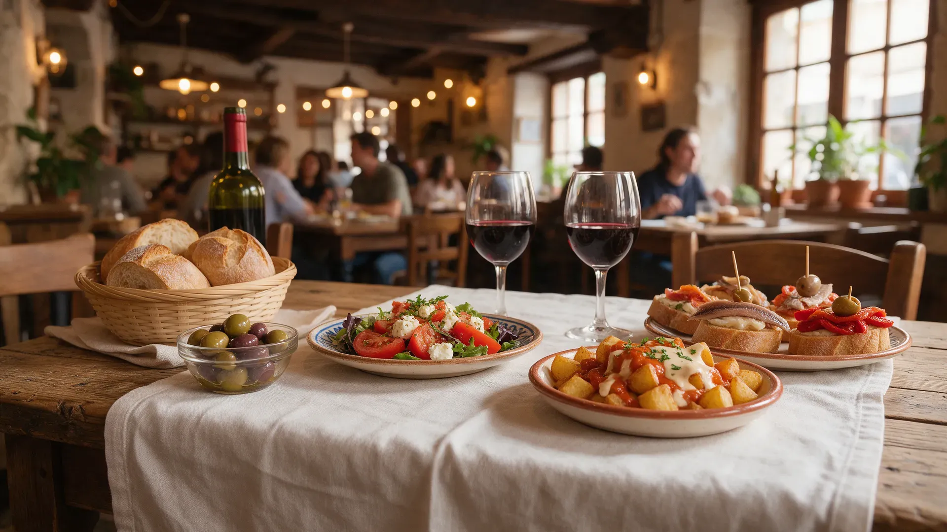 Illustration: tapas and glasses of red wine on a table in a cosy European old-town restaurant