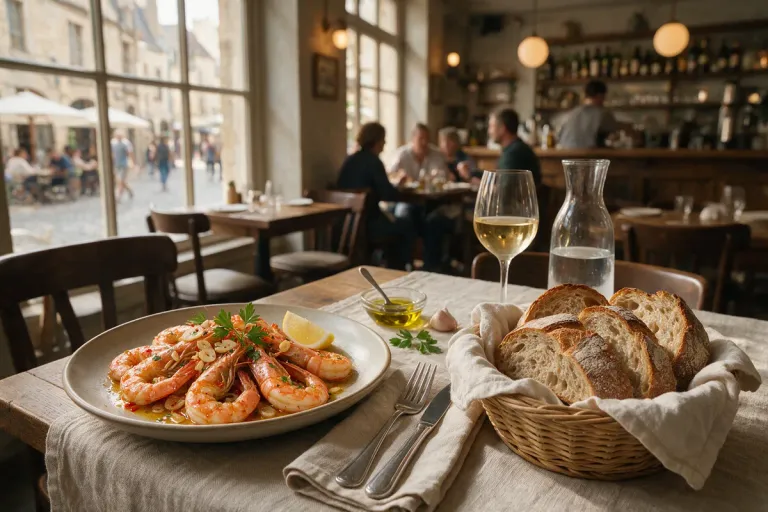 Illustration: a plate of garlic prawns and a basket of bread on a restaurant table