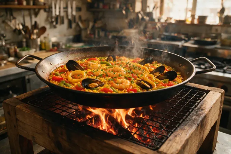Paella cooking over an open fire