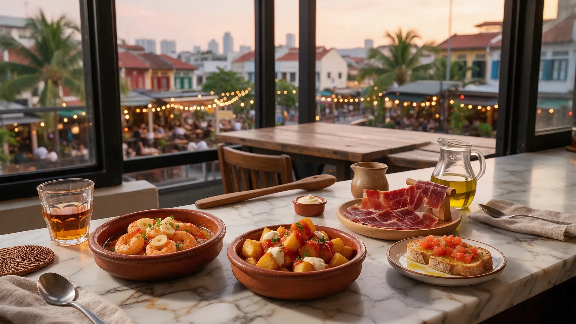 Tapas of garlic prawns, patatas bravas, ham and pan con tomate on a marble table by a window at dusk
