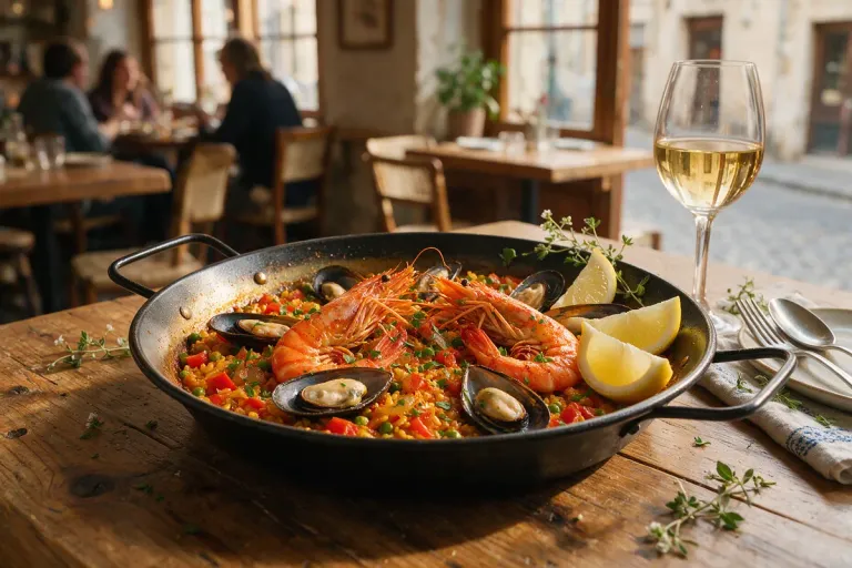 A pan of seafood paella with prawns and mussels next to a glass of white wine