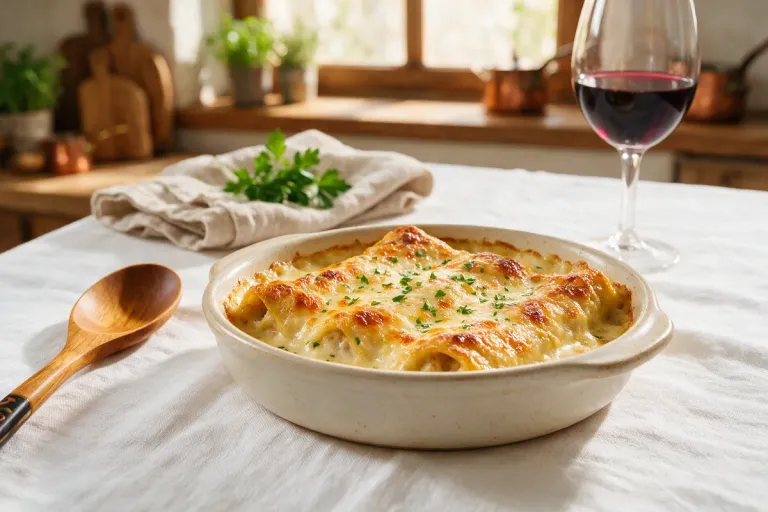 Baked Catalan canelones with browned béchamel in a white ceramic dish