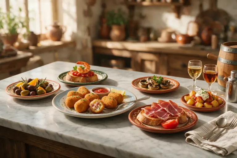 Several small tapas plates, croquetas and sliced ham on a marble counter with glasses of white wine