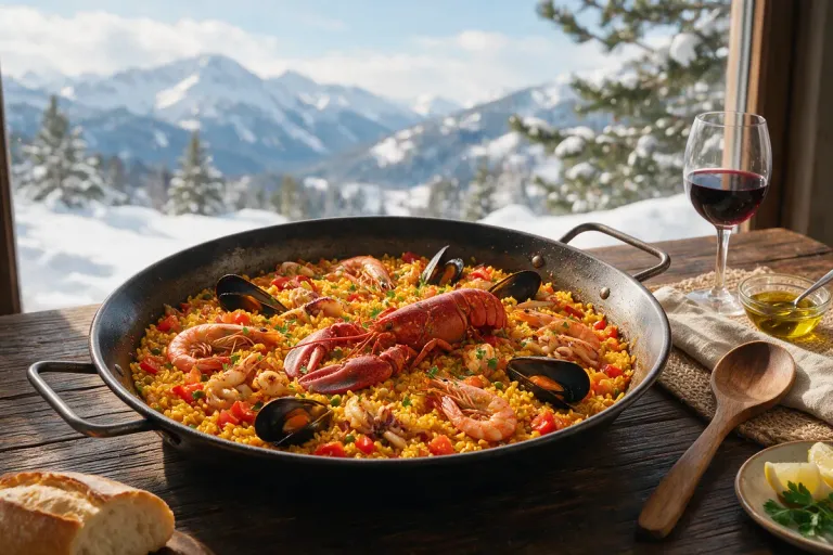 A seafood paella pan on a wooden table, snowy mountains visible through the window behind